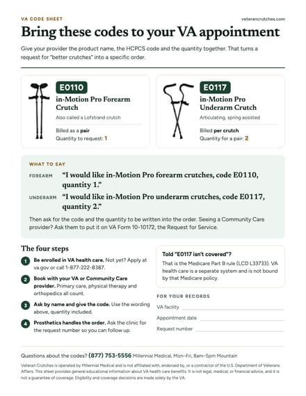 Preview of the one-page VA code sheet, showing codes E0110 and E0117, the quantity for each, what to say, and the four steps
